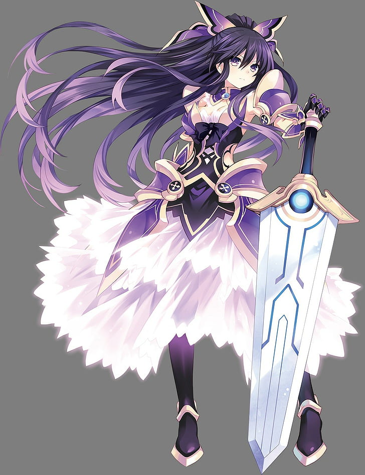 simple background, armor, cleavage, Date A Live, purple dresses
