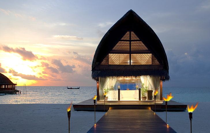 brown wooden cottage, maldives, beach, tropical, sea, sand, bungalows
