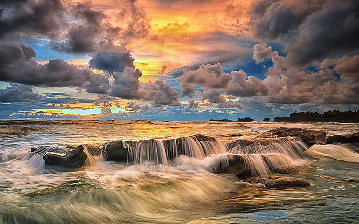 nature, landscape, sunset, coast, beach, sky, clouds, sea, rock, HD wallpaper