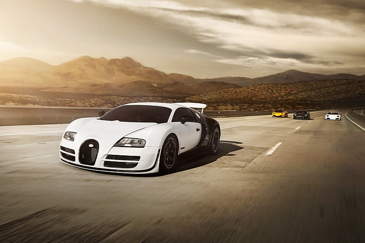 white Bugatti car, Bugatti Veyron Super Sport, McLaren, Lamborghini
