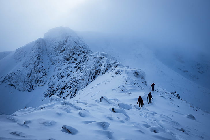 three people climbing snow covering mountain, Ridge, cairngorms, HD wallpaper