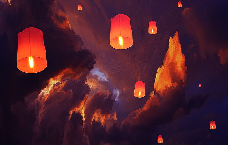 outdoor lantern artwork, sky lanterns, clouds, floating, flying