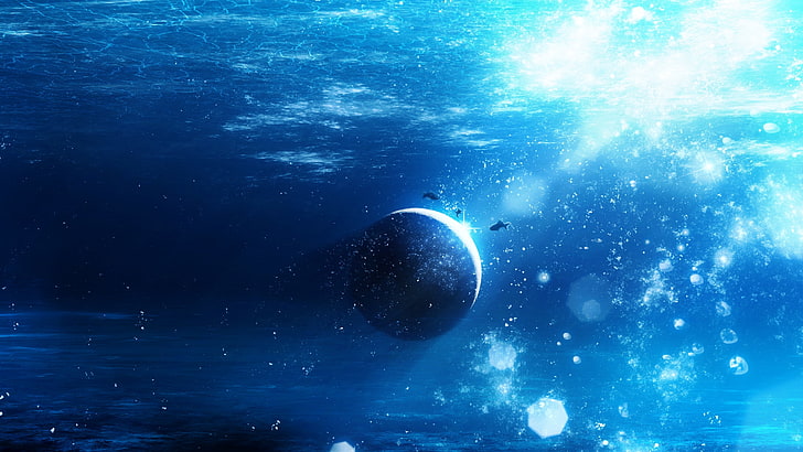 planet, drowning, underwater, digital art, Space, blue, nature, HD wallpaper