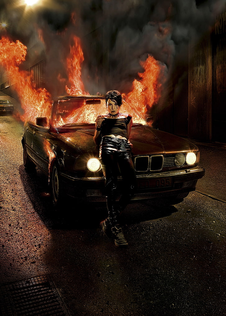 brown BMW car, machine, dragon, Girl, tattoo, fire., fire - Natural Phenomenon, HD wallpaper