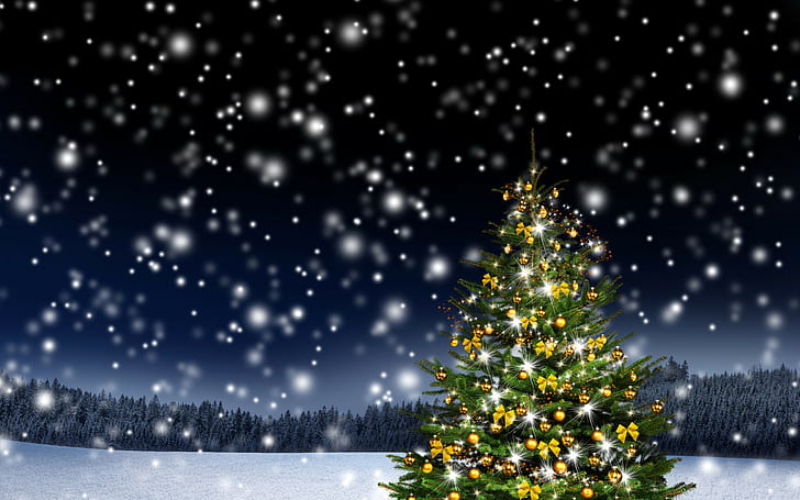 New Year, winter, snow, green christmas tree with ornaments, lights, HD wallpaper