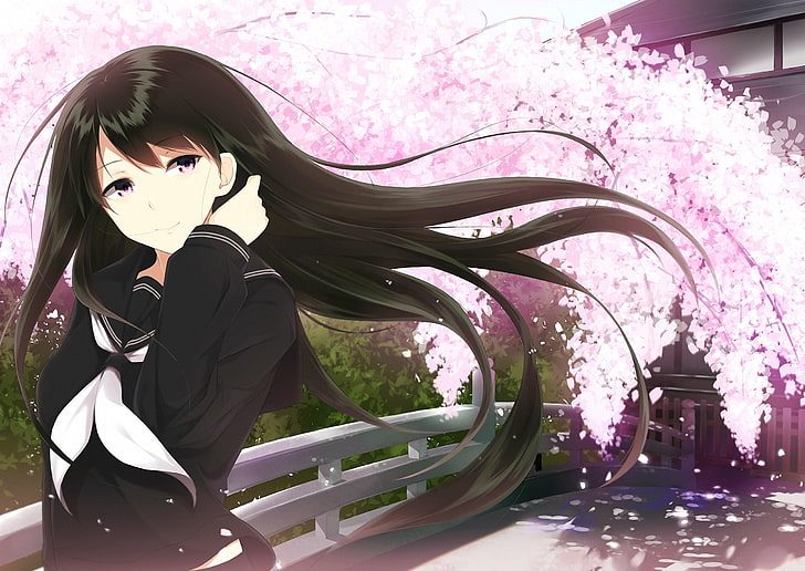 black-haired female anime black long-sleeved shirt beside sakura tree illustration, HD wallpaper