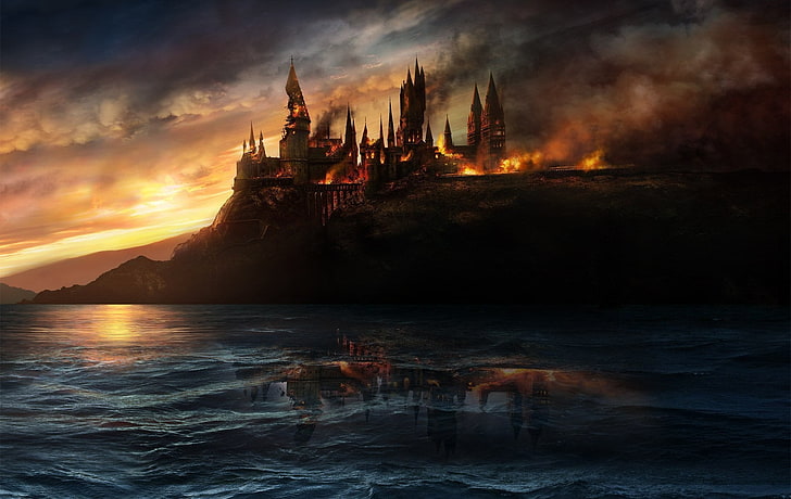 burning castle, Hogwarts, destruction, fire, fantasy art, sea