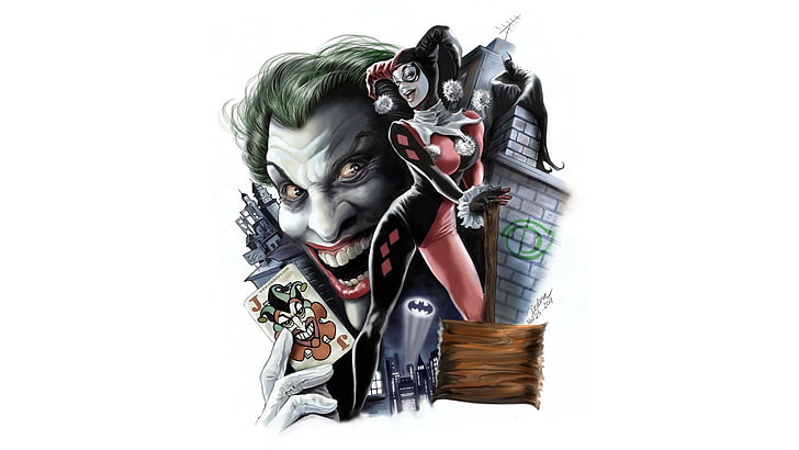 Harley Quinn, Batman, Joker, DC Comics, digital art, studio shot