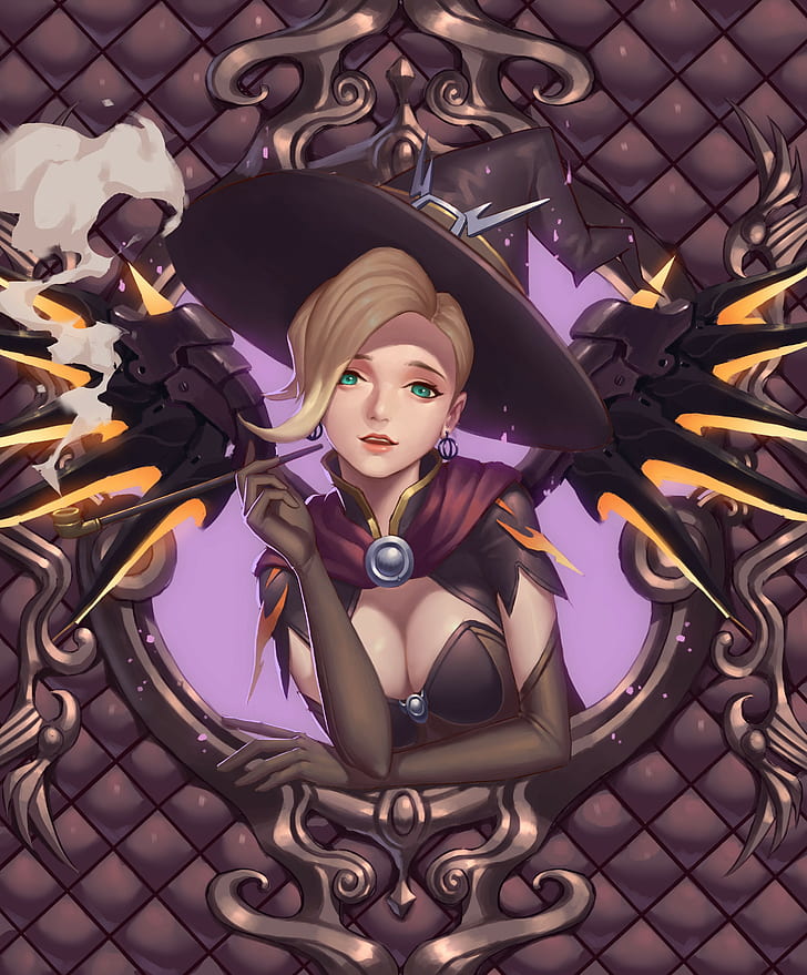 witch hat, blonde, wings, open shirt, anime girls, Mercy (Overwatch)