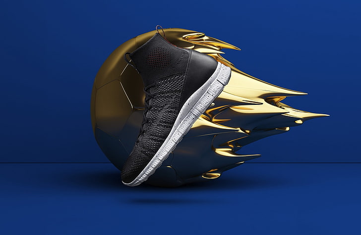 Cool Shoe Design, Golden Ball, Blue Background, Sports, Football, HD wallpaper