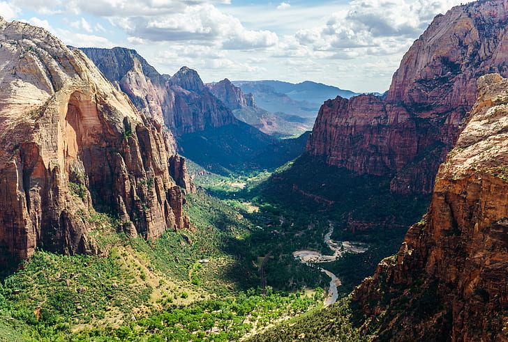 aerial photo mountain with tress during daytime, angels landing, zion national park, utah, angels landing, zion national park, utah