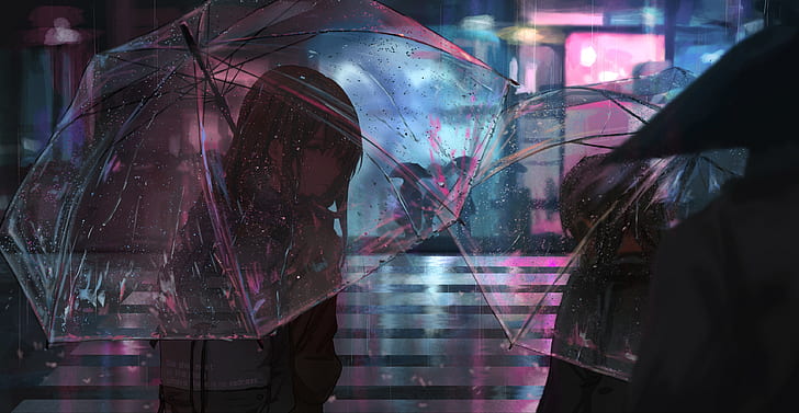 umbrella, rain, night, 二次元