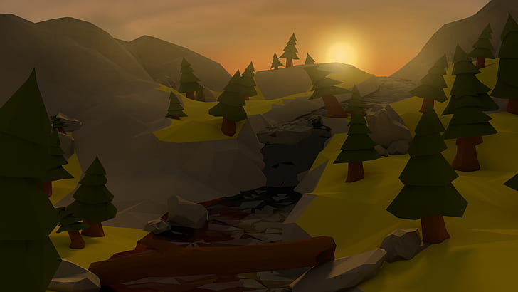 low poly, sunset, mountain, sky, nature, beauty in nature, no people, HD wallpaper