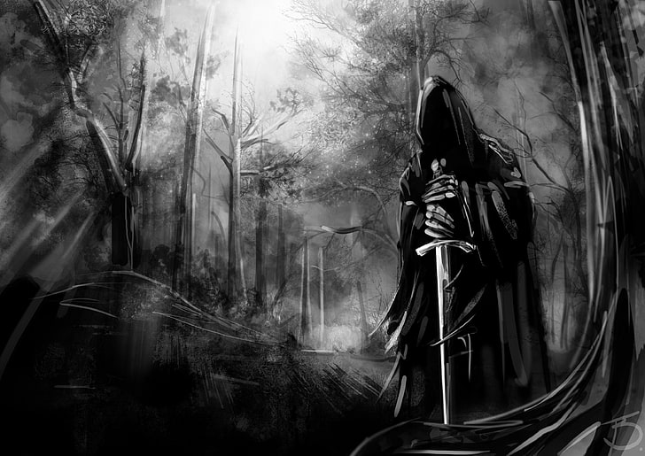 wraith digital wallpaper, forest, nature, sword, ghost, Nazgul