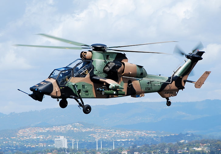 brown, green, and black army helicopter, ec665, eurocopter, tiger