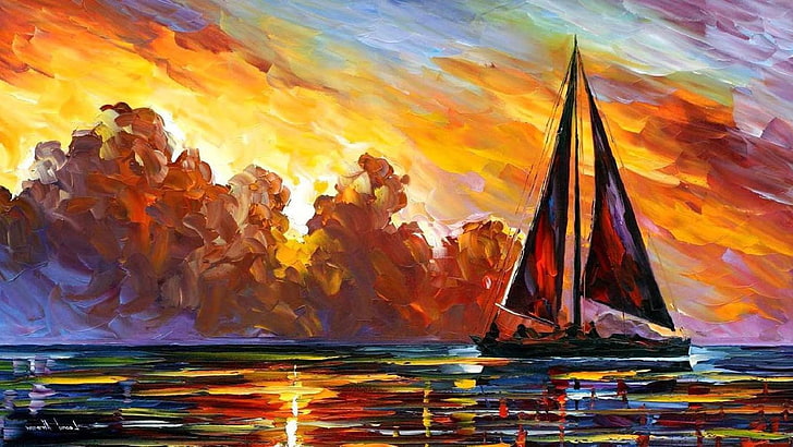 artwork, Leonid Afremov, painting, Sailboats, sea