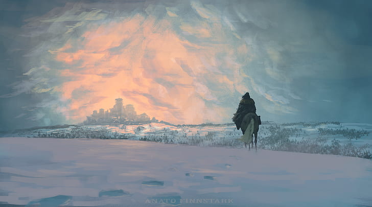 Arya Stark, Game of Thrones, Winterfell, coats, horse, snow