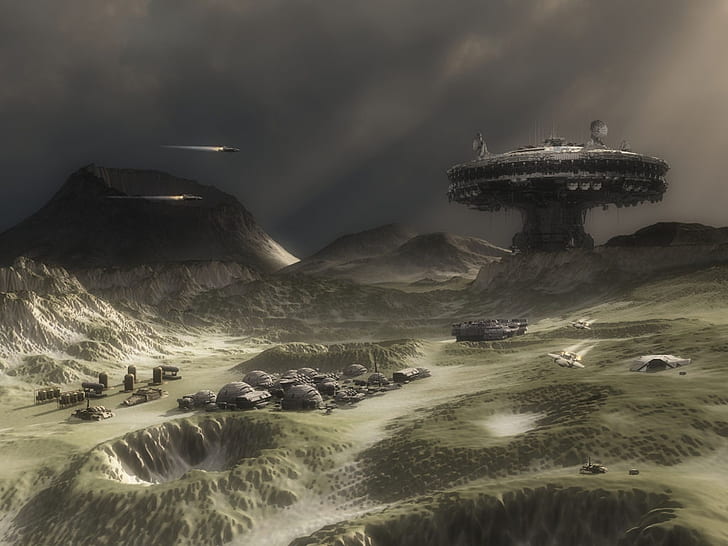 buildings clouds colony Space Planets HD Art, craters, landing platform, HD wallpaper