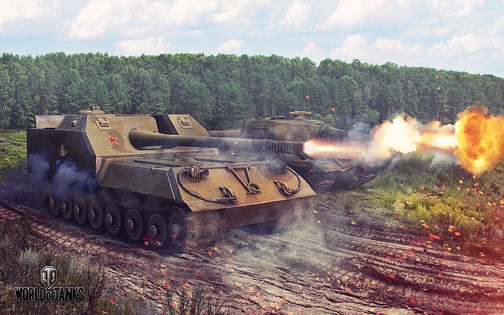 brown combat tank, forest, weapons, fire, flame, shot, Tanks HD wallpaper