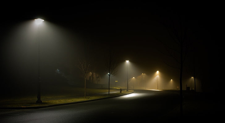 gray concrete street with opened street lights, landscape, nature, HD wallpaper