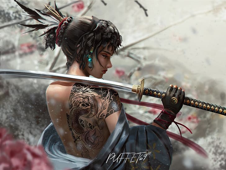 artwork, fantasy art, women, tattoo, sword, katana, HD wallpaper