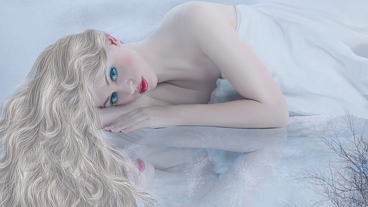 Blonde girl, face, red lips, white dress, lying bed, HD wallpaper