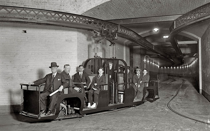 vintage train, photography, monorail, group of people, men, indoors