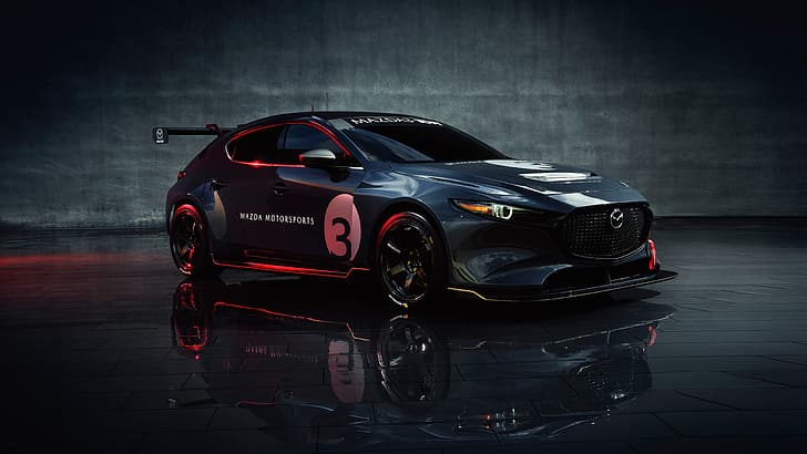 Mazda3 TCR 2019, vehicle, black cars, Mazda 3, reflection