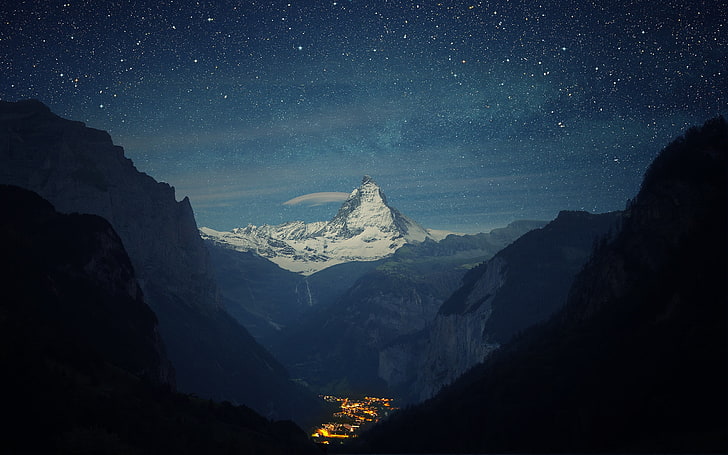 white mountain ranges, nature, mountains, Matterhorn, lights, HD wallpaper