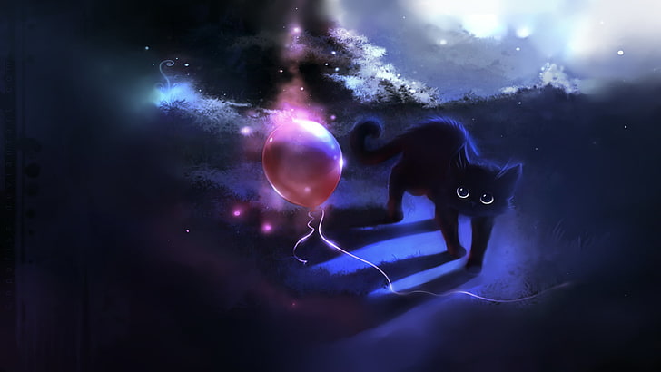 black cat illustration, figure, ball, apofiss, a balloon, night