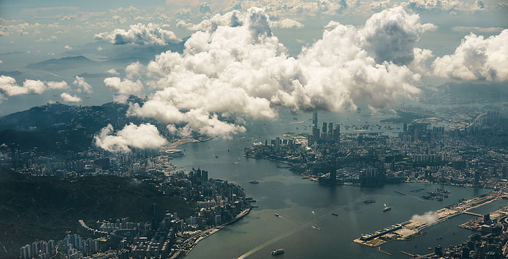 aerial photography of Manhattan island, Hong Kong, clouds, city
