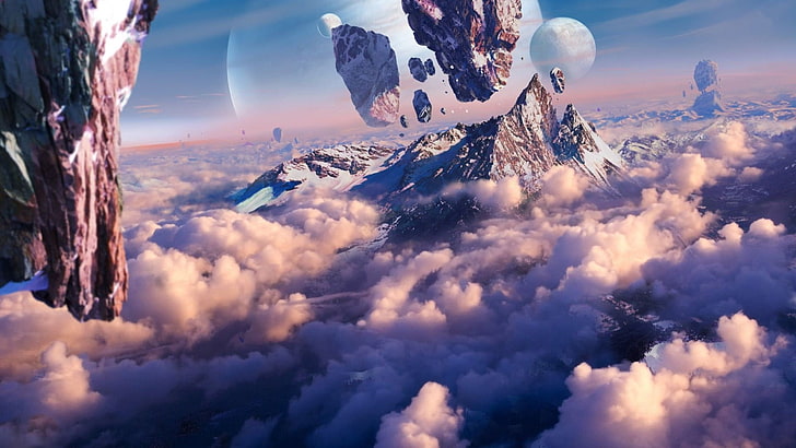 mountain and clouds digital wallpaper, artwork, fantasy art, concept art