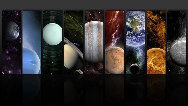 Earth, Jupiter, Mars, Mercury, Moon, Neptune, planet, Pluto, HD wallpaper