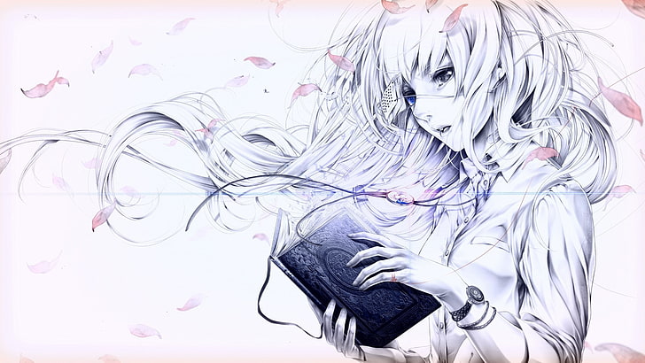 girl holding book anime illustration, anime girls, white background, HD wallpaper