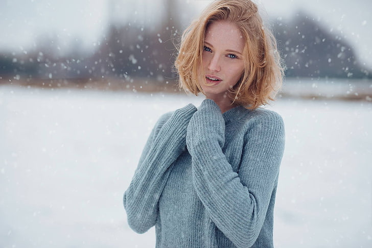 winter, snow, cold, women outdoors, cold temperature, one person