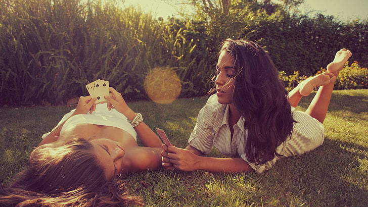 women's white strapless top, grass, cards, summer, lying down, HD wallpaper