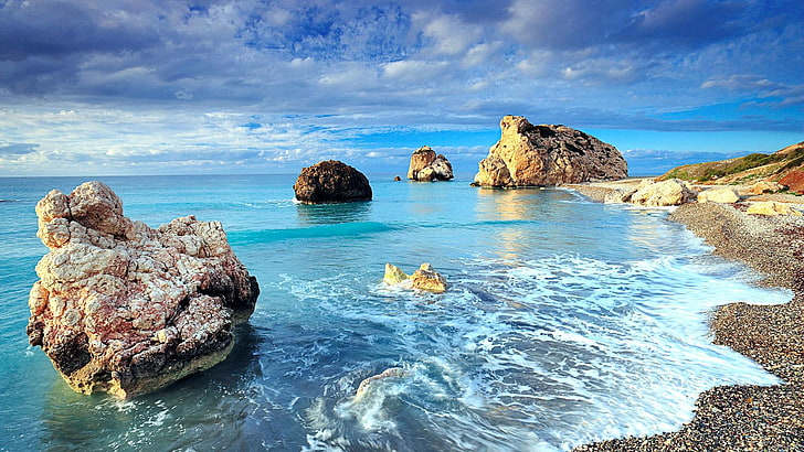 nature, sea, blue sky, rocks, sunset, beach, summer, blue sea, HD wallpaper