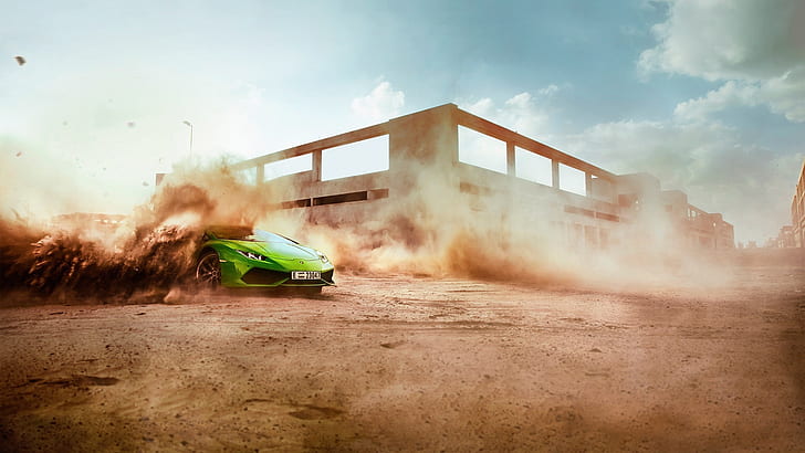 Hd Wallpaper Green Lamborghini Supercar Speed Dust Drift Wallpaper Flare