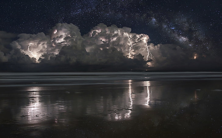 nimbus clouds, lightning, beach, 500px, storm, starry night, nature, HD wallpaper