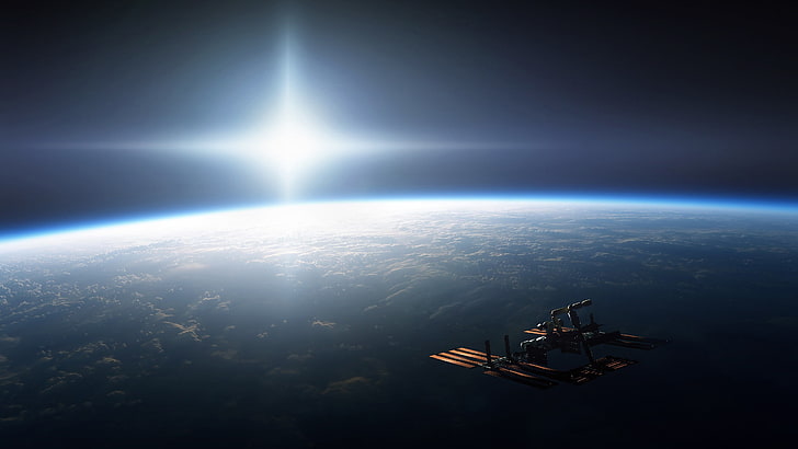 space, International Space Station, Earth, Sun, lens flare