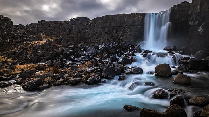 time lapse photography of water falls surrounded by stones under heavy clouds, iceland, iceland