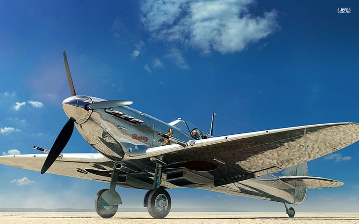 Supermarine Spitfire, chrome, airplane, clouds