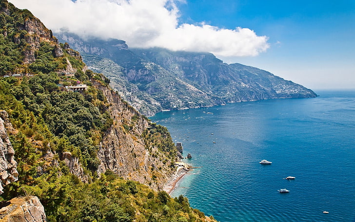 body of water, sea, coast, Italy, nature, landscape, shrubs, mountains