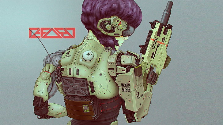 robot soldier illustration, cyberpunk, weapon, Ghost in the Shell