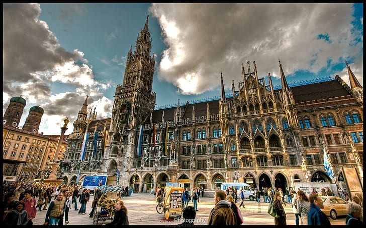 Cathedral In Marienplatz Munich, plaza, people, clouds, nature and landscapes