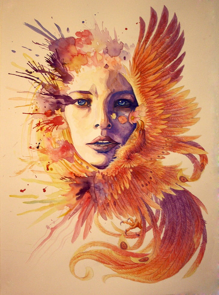 artwork, watercolor, phoenix, birds, paint splatter, face