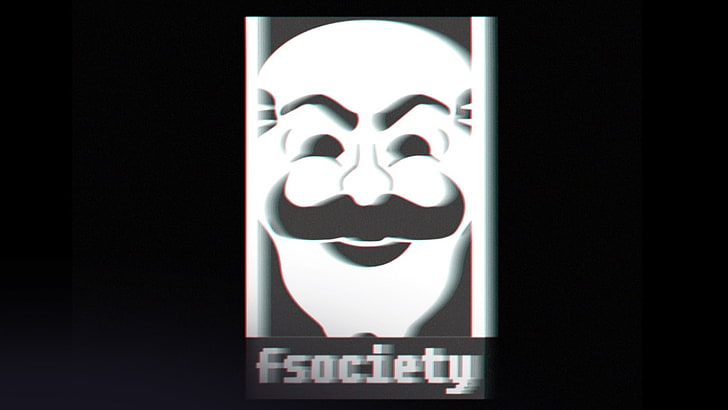 white mask illustration with text overlay, Mr. Robot, TV, fsociety