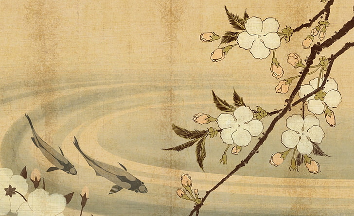 Japanese Carp Art, white cherry blossom digital wallpaper, Vintage