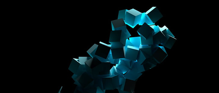 3D, cube, square, black background, simple background, cyan