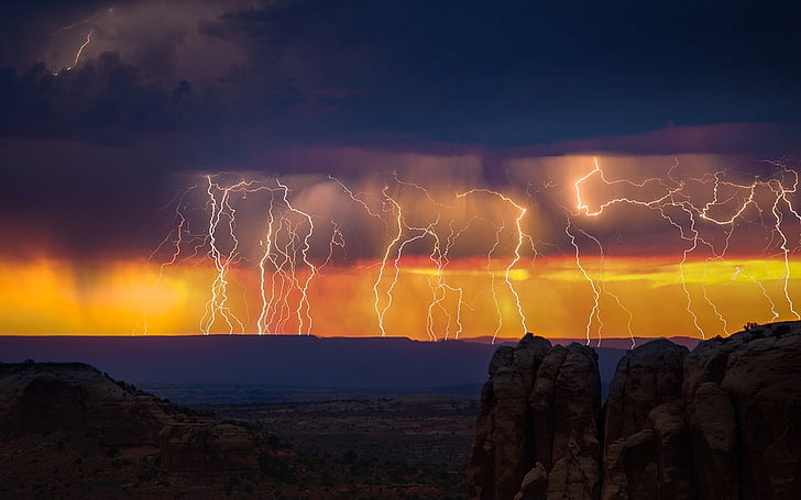 lightning strike, nature, orange, storm, sky, cloud - sky, power in nature, HD wallpaper